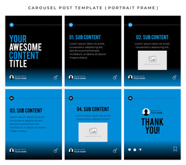 Wall Mural - Carousel post template for social media. Microblog style, six page, portrait frame, modern simple minimalist style with black and sky blue color theme.