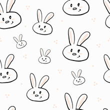 Cute Seamless Pattern With Doodle Rabbits And Dots, Vector Illustration. Bunny Character Faces With Beige Ears And Cheeks, Funny Animal For Kids. Design For Packaging