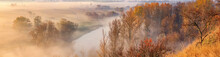 Autumn Landscape, Background - The Morning Fog Over The River Valley, Horizontal Panorama, Banner