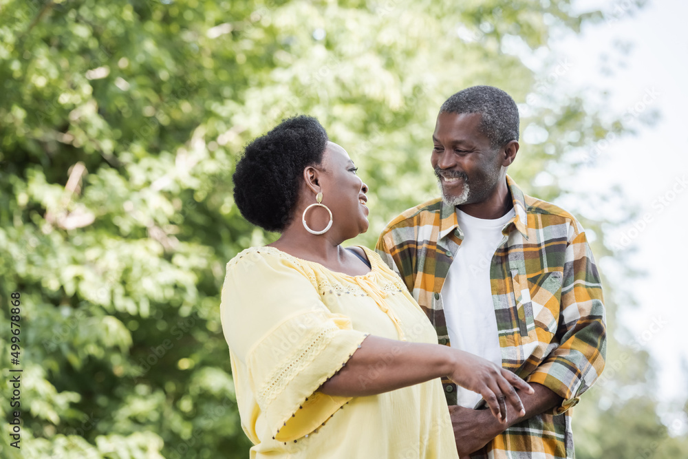 happy senior african american couple looking at each other in green ...