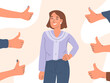 © GreenSkyStudio - Happy person with positive approval feedback, thumbs up surrounded. Smiling girl glad public positive respect opinion, cartoon vector background illustration. Human positive acceptance concept