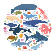 Cartoon Ocean Underwater Animals, Seahorse, Medusa, Whale And Fish. Ocean Wild Life, Sea Animals Round Composition Vector Concept Illustration. Marine Fauna Mascots