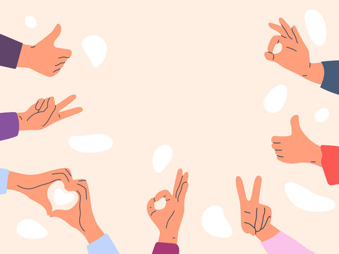 Human hands showing positive gestures, thumbs up and okay signs. Hands with complimenting gestures, approval feedback cartoon vector background illustration. Positive hand signs