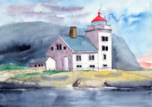 Watercolor Illustration Of A White Lighthouse And A Small House With A Blue Roof On A Rocky Seashore