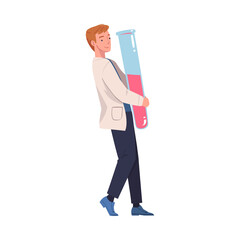 Sticker - Man Scientist Character in White Coat Carrying Huge Glass Flask Vector Illustration