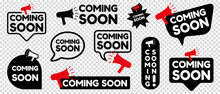 Coming Soon Button Set - Different Vector Illustrations Isolated On Transparent Background
