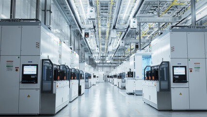 Wall Mural - Wide shot of Bright Advanced Semiconductor Production Fab Cleanroom with Working Overhead Wafer Transfer System
