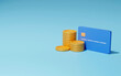 Stack of golden coins, credit cards 3d rendering. Earning profit, money saving, online payment concept. 3d render illustration