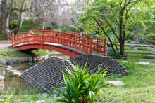 Red Bridge In A Japanese Garden In Summer , Paris.