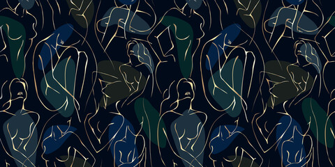 Wall Mural - vector seamless pattern with woman in minimal linear style fashion illustration by femininity, beaut