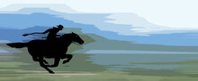 An Illustration Of A Pony Express Rider With A Background Depicting Flat Land, Mountain And Sky