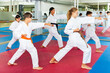 © JackF - Group of kids training kata movements in gym with their female trainer.