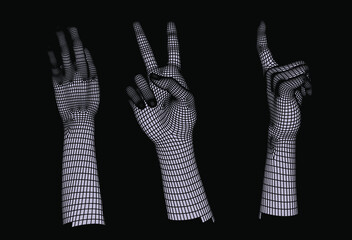 Aufkleber - Set of 3D low-poly hand models made of polygonal wireframe. Futuristic style illustration.