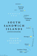 South Sandwich Islands, Political Map. Part Of The British Overseas Territory Of South Georgia And The South Sandwich Islands. Group Of Islands In The South Atlantic Ocean And Scotia Sea. Vector.