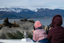 Taking Photos Of Sea Lions In The Middle Of An Island Surrounded By Mountains And Lakes.