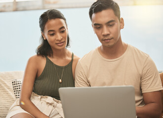 Poster - Same with moving to a new house. It keeps the balance. Shot of a couple using a laptop at home.