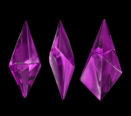 3D render, emerald purple crystal on black background, gems, natural nuggets, mysterious accessories