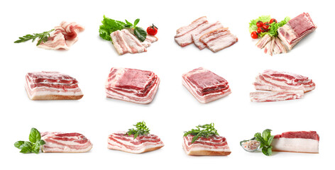 Wall Mural - Uncooked bacon with herbs on white background