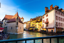Scenic Cityscape Of Old Town Of Annecy, Southeastern France.Medieval City Of Annecy With Thiou Canal At Sunny Winter Day, Haute Savoie Department In Auvergne Rhone Alpes Region, France