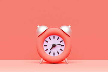 3d illustration pink cartoon wake up alarm clock on isolated monochrome background