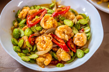 Traditional Southern Thai Food Recipe, Popular In Thailand, Stir Fried Sato With Shrimps Paste, Selective Focus.
