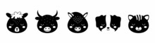Black And White Animal Heads Set Of Alpaca, Bull, Donkey, Dog, Cat. Animal Faces In Scandinavian Style. Desing For Kids T-shirts, Wear, Nursery Decoration, Greeting Cards, Other.