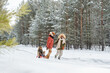© pressmaster - Happy African American family of three sledging in winter forest at winter resort or in the countryside among evergreen trees covered with snow