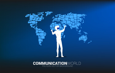 Poster - Silhouette businessman wear VR glasses with group of speech bubble icon shape to world map . concept of communication network in metaverse.