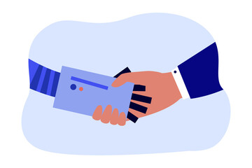 Wall Mural - businessman holding robot hand for handshake. partnership and trust between person and android flat 