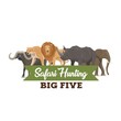 Safari hunting vector big five animals. Cartoon elephant, lion, rhino and buffalo, leopard or jaguar wild animals of African savannah with ribbon banner. Hunting sport club or safari tour