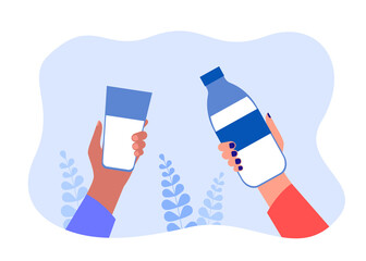 Hands holding bottle of milk and glass. Man and woman drinking healthy beverage with vitamins, calcium flat vector illustration. Nutrition, diet concept for banner, website design or landing web page