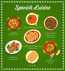 Sticker - Spanish cuisine menu vector cover, restaurant dishes and dinner meals. Spanish bar traditional food menu of tapas from lamb banderillas, churros pastry, lamb vegetable stew ans pork tomato casserole