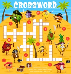 Wall Mural - Cartoon funny fruit pirates characters on island, crossword puzzle game grid, vector quiz worksheet. Kids cross word puzzle or riddle to guess word of watermelon and pear with pirate captain pineapple