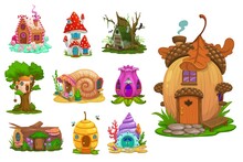 Cartoon Fairytale Fantasy Houses And Dwellings Of Dwarfs Or Gnomes, Vector Funny Huts. Kids Fairy Tale Mushroom And Flower, Beehive Or Acorn, Caramel, Snail And Log, Shell House
