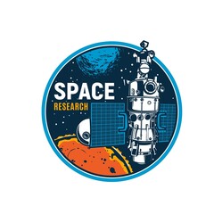 Wall Mural - spaceship in outer space, galaxy research orbital station or satellite, vector emblem. lunar mission
