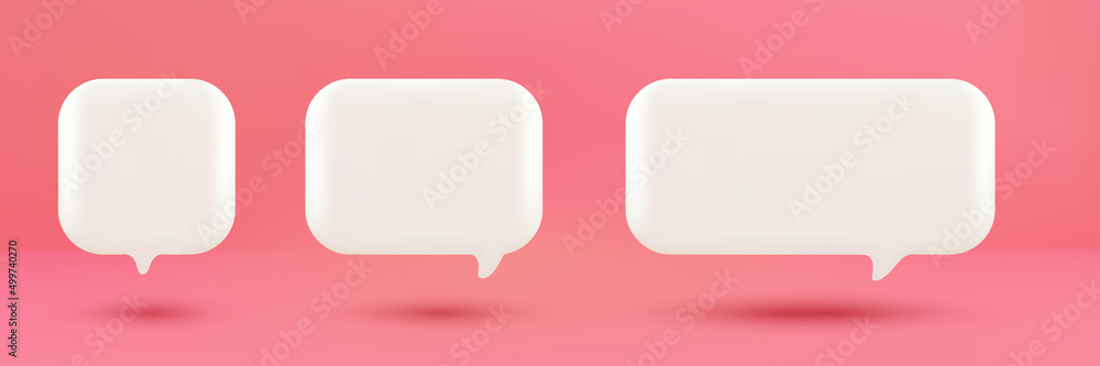 Set of 3D cute white square speech bubble icons, isolated on pink ...