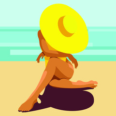 Wall Mural - vector image on the theme of summer holidays. a tanned girl in a yellow swimsuit poses on the beach in a hat, sunbathes, rests, relaxes in a tropical resort against the backdrop of the sea or ocean.