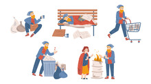Homeless People, Beggars Male And Female Characters Begging Money, Bums Wear Ragged Clothing Pick Up Garbage On Street, Sleep On Bench, Warm At Barrel. Refugee Need Help, Linear Vector Illustration