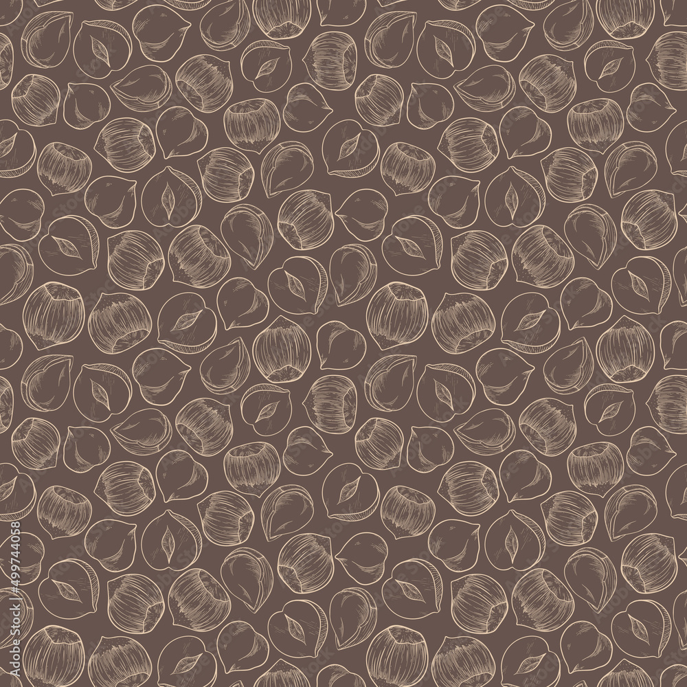 Seamless pattern hazelnut many fruit nuts and kernels in sketch style ...
