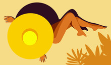 Vector Image On The Theme Of Summer Holidays. A Beautiful Tanned Woman In A Yellow Bathing Suit In A Huge Hat Is Sunbathing On The Beach In The Shade Of Palm Trees.useful For Summer Vacations, Beaches