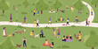 © Flash Vector - People spend active fun time in summer city park on weekend vector illustration. Cartoon map with characters walk on road, ride bicycle and electric scooter, eat picnic food, sit on bench background