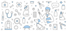 Veterinary Clinic With Doctor Hold Syringe, Sick Pets With Bandage, Grooming Tools, Cage, And Stethoscope. Vector Hand Drawn Illustration With Man Veterinarian, Cat, Dog, Rabbit And Turtle