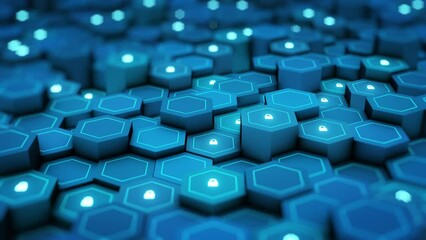 Security concept. Futuristic surface with locks is located on hexagon. Trendy sci-fi technology background with hexagonal pattern. Minimal hexagonal grid pattern animation in light blue. 3D Render.