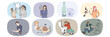 Set of unhappy diverse people suffering from addictions. Collection of men and women struggling with drug and alcohol addictive behavior. Healthcare and bad habits. Vector illustration. 