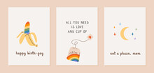 Cute Greeting Cards With LGBT Symbols. Pride Month Poster With Rainbow Colored Banana, Tea Bag With LGBTea Phrase And Moon With Colorful Stars. Queer Vertical Cards On White Background. Vector.