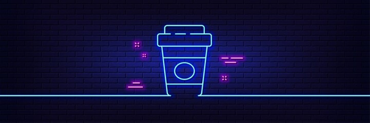 Neon light glow effect. Takeaway coffee line icon. Hot latte cup sign. Tea drink mug symbol. 3d line neon glow icon. Brick wall banner. Takeaway coffee outline. Vector