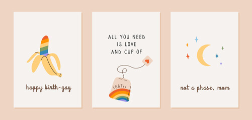 Cute greeting cards with LGBT symbols. Pride month poster with rainbow colored banana, tea bag with LGBTea phrase and moon with colorful stars. Queer vertical cards on white background. Vector.