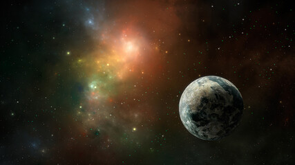 Space background. Colorful nebula with planet and starfield. Elements furnished by NASA. 3D rendering