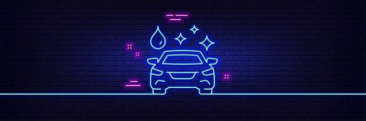 Wall Mural - Neon light glow effect. Car wash line icon. Clean auto sign. Shiny transport symbol. 3d line neon glow icon. Brick wall banner. Car wash outline. Vector