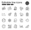 © blankstock - Set of Science outline icons. Contains icons as 360 degrees, Accounting and Line chart elements. Inspect, Graph, Timer web signs. Chemistry atom, Fake news, Target purpose elements. Vector